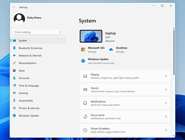 Windows 11 设置中的系统菜单。