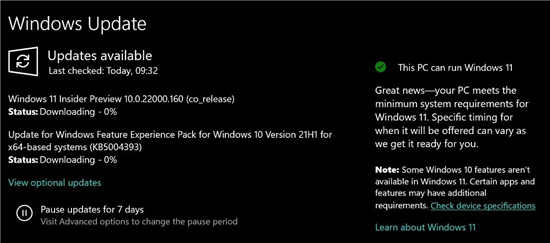如果您的 PC 支持 Windows 11，Windows 10 21H2 现在将通过 Windows 更新通知您