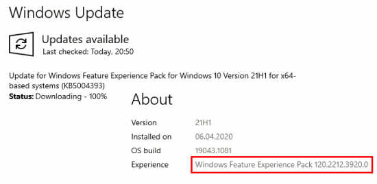 KB5004393 Windows 功能体验包 120.2212.3920.0 推出