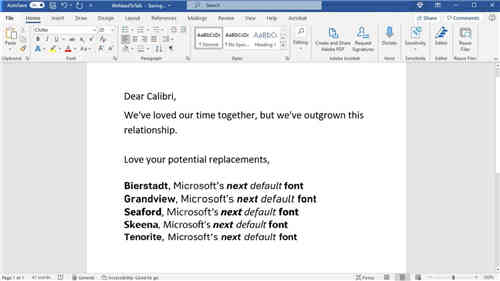微软将Calibri视为默认字体
