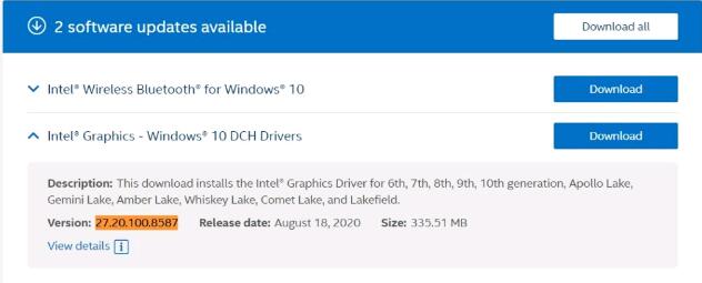 适用于Windows10的Intel图形驱动程序27.20.100.8587已发布