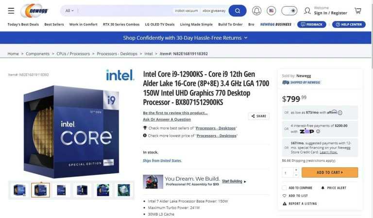 Intel Core i9-12900KS 在美国 Newegg 上市，售价 799 美元
