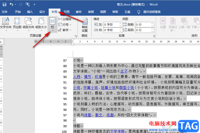 Word把某一页分栏的方法