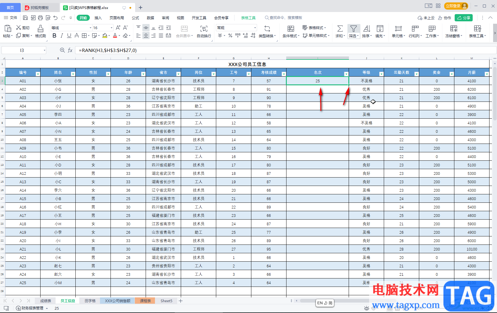 WPS Excel中计算排名名次的方法教程