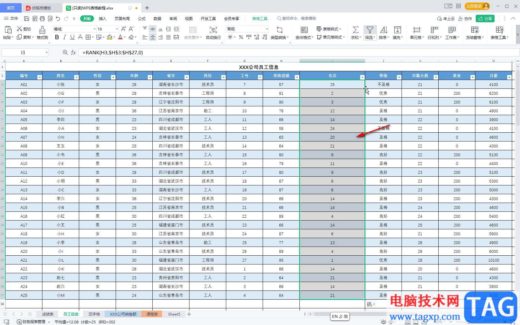 WPS Excel中计算排名名次的方法教程