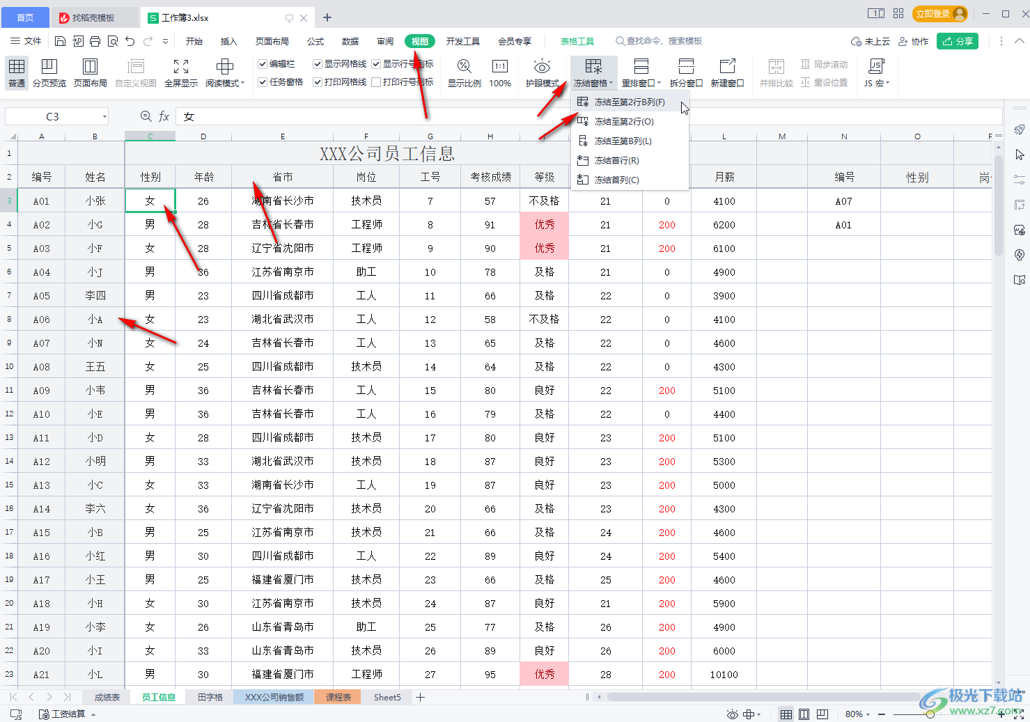 WPS表格冻结任意行和列的方法教程