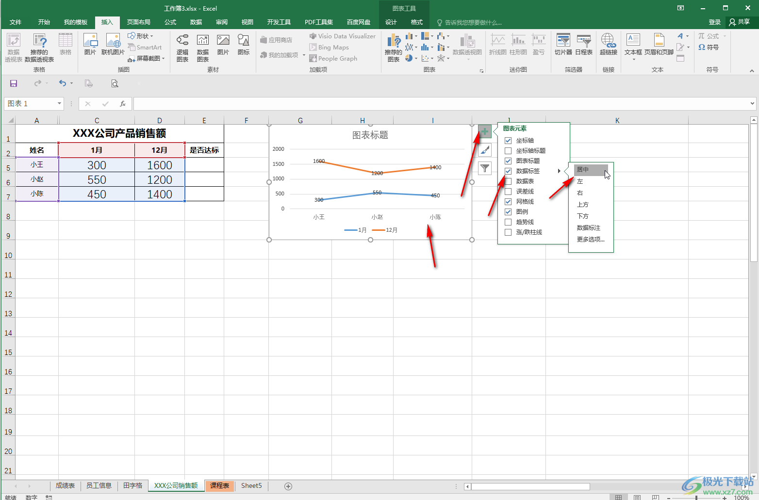 Excel中插入折线图在图上显示折点数值的方法教程