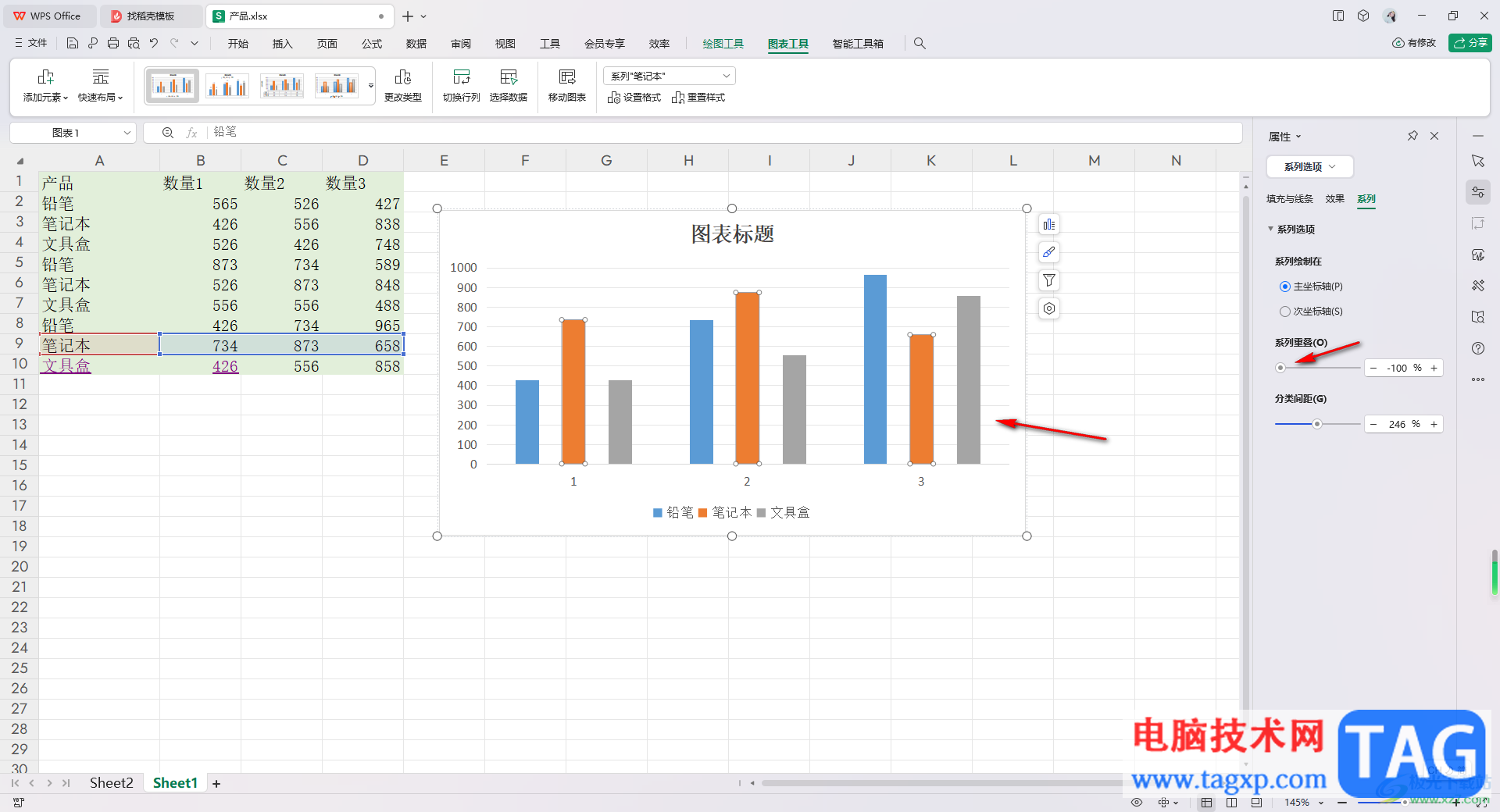 WPS excel柱形图修改柱子间距的方法