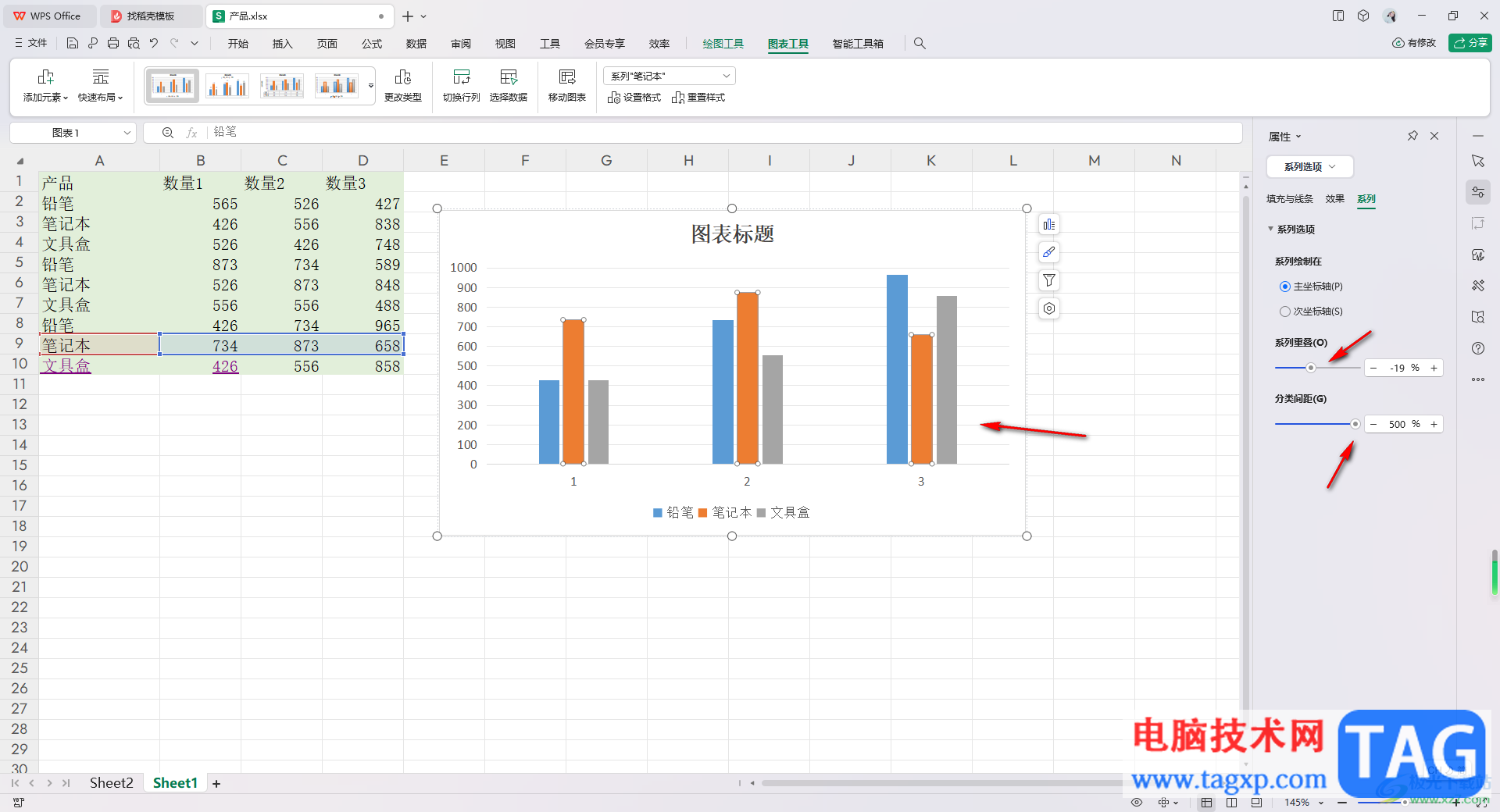 WPS excel柱形图修改柱子间距的方法