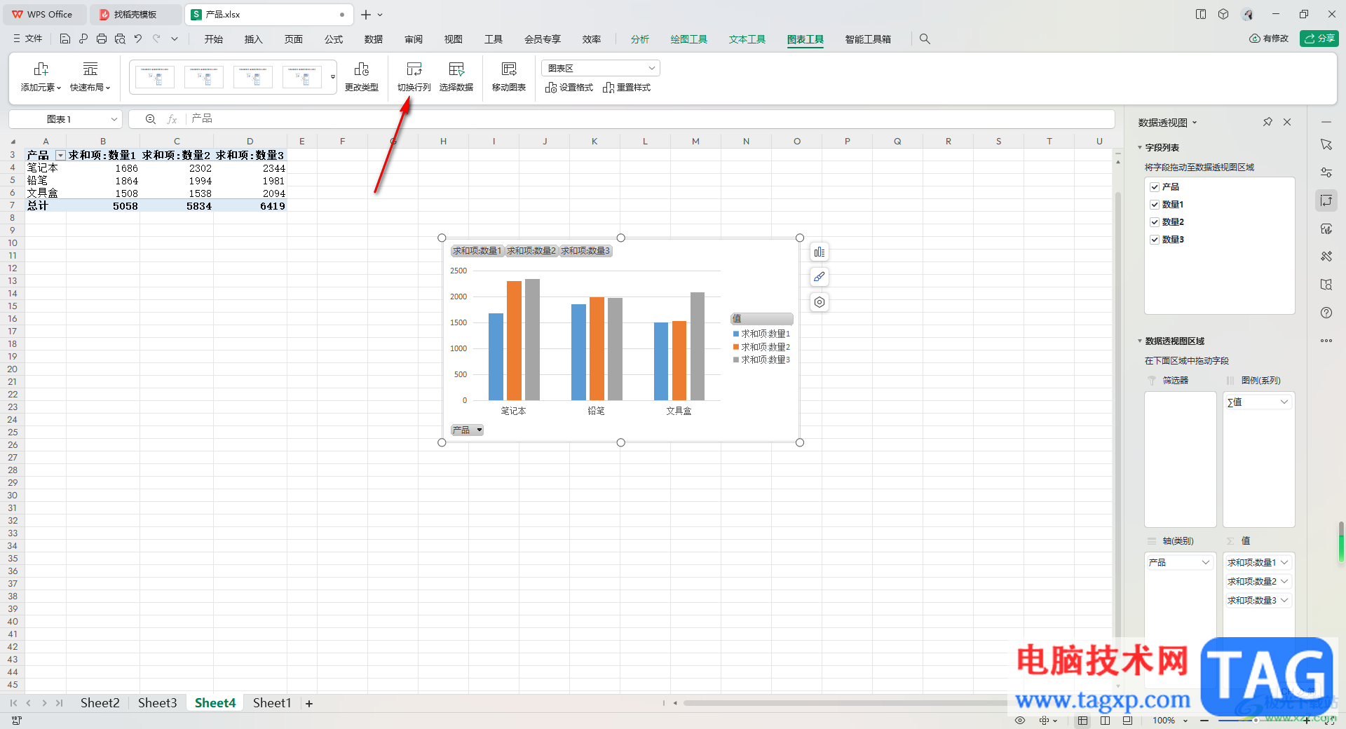 WPS Excel数据透视图进行行列互换的方法