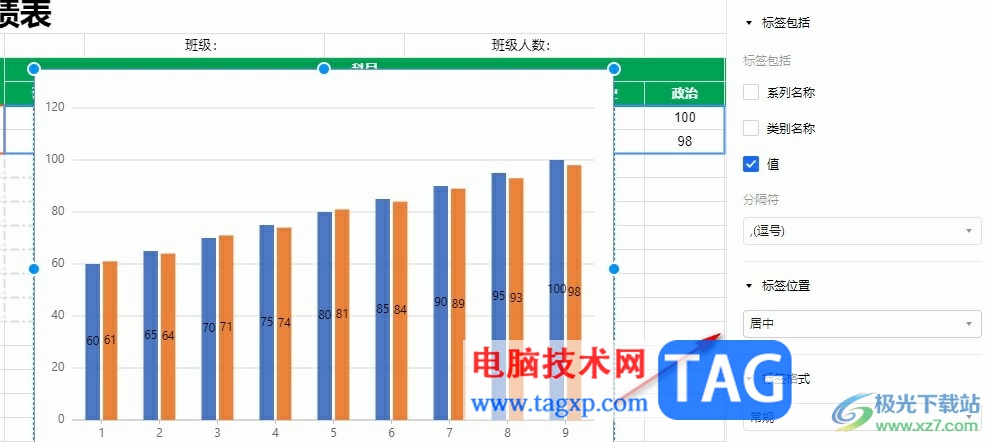 腾讯文档让数据标签显示在柱形图上方的方法