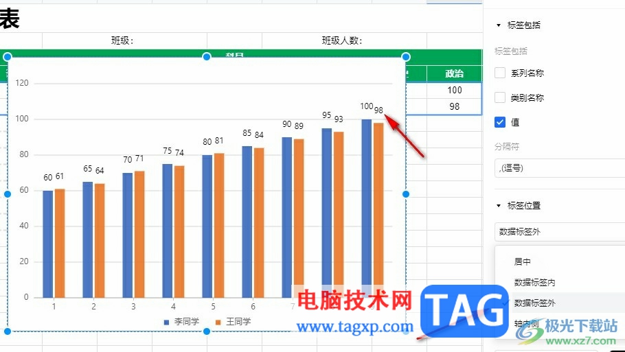 腾讯文档让数据标签显示在柱形图上方的方法