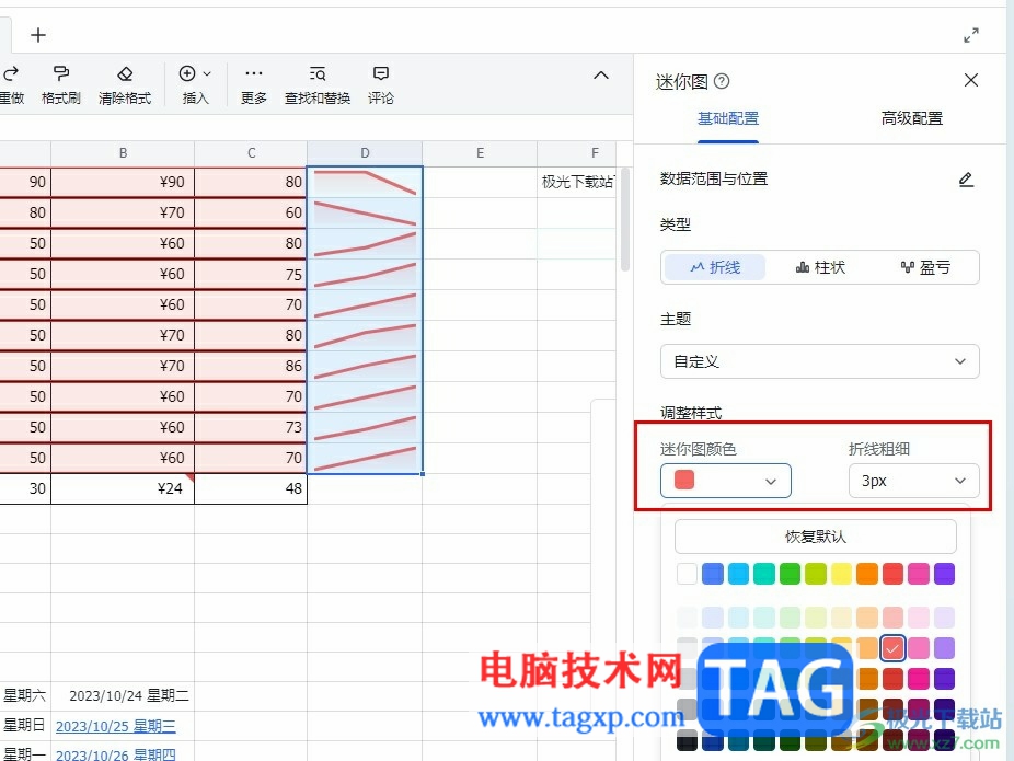 飞书更改迷你图颜色和折线粗细的方法