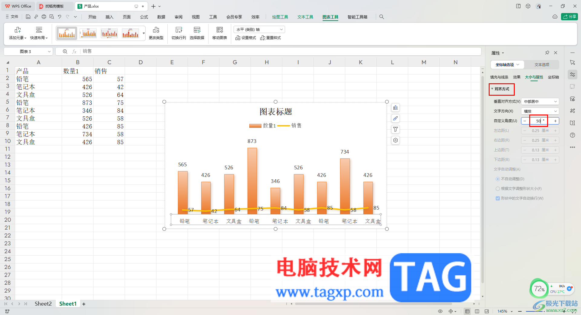 WPS Excel更改图表坐标轴标签文字方向的方法