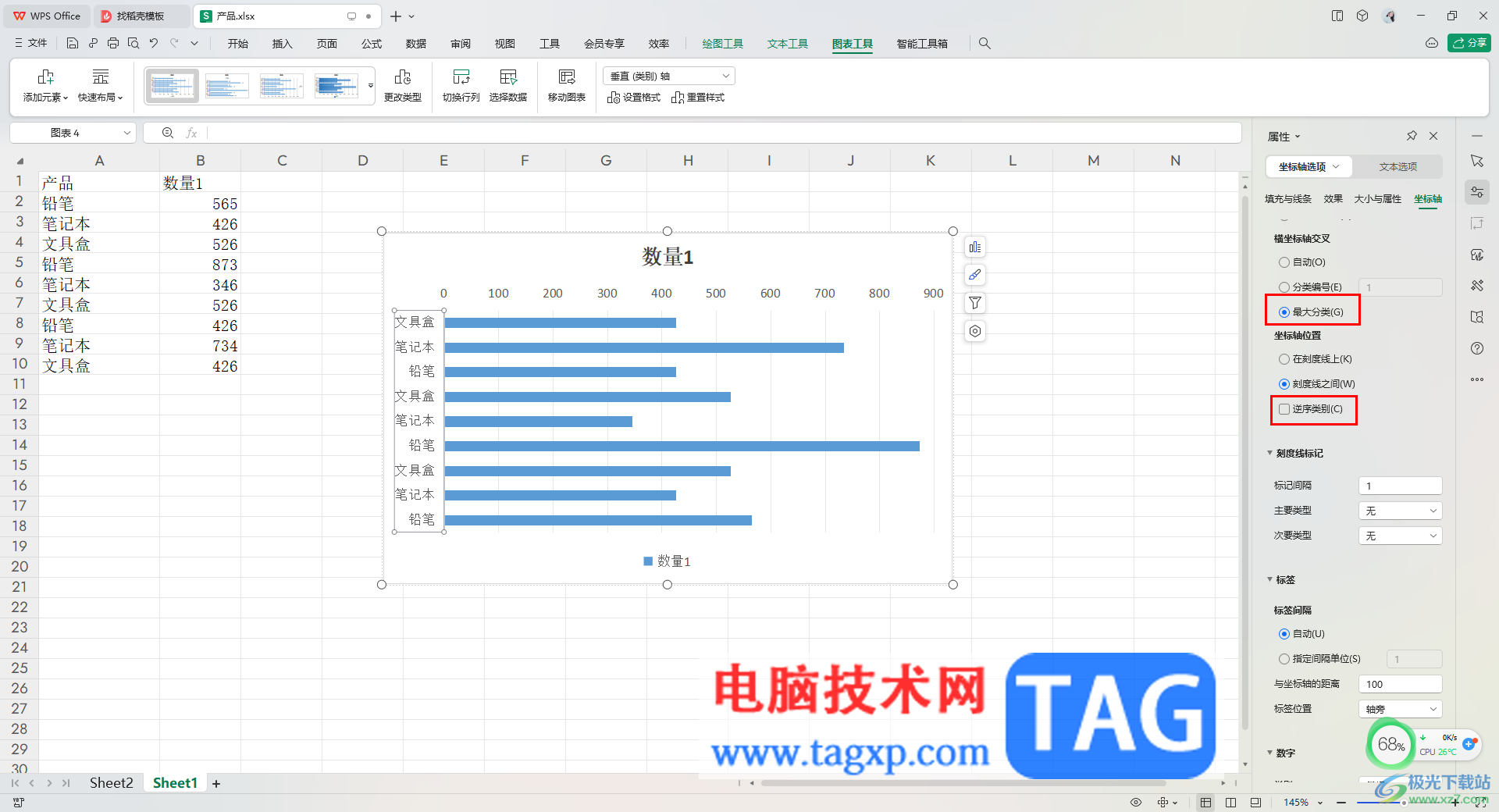 WPS Excel中调整条形图表垂直坐标轴标签顺序的方法