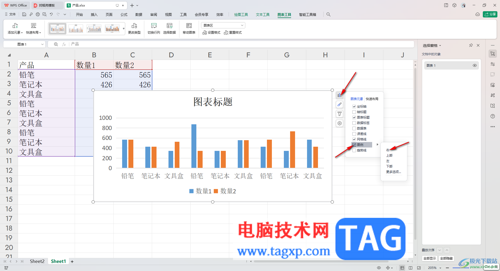 wps表格中柱形图修改图例位置的方法