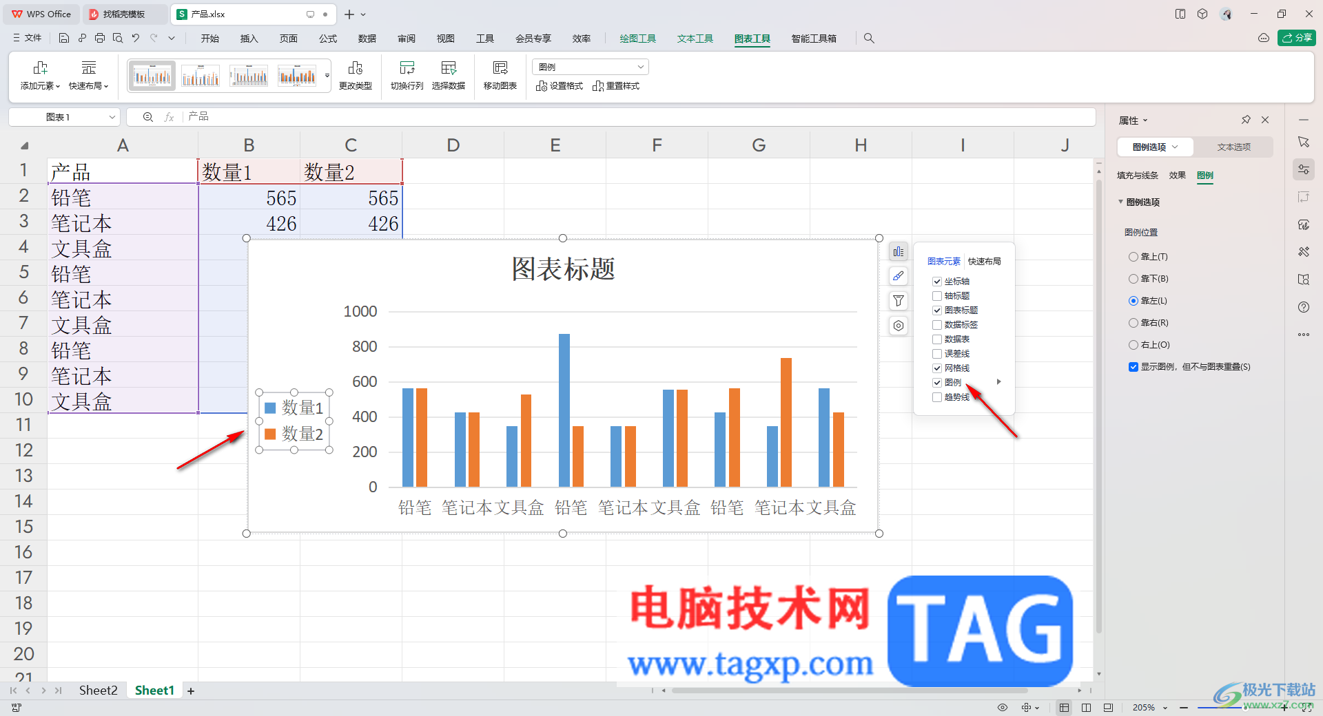 wps表格中柱形图修改图例位置的方法