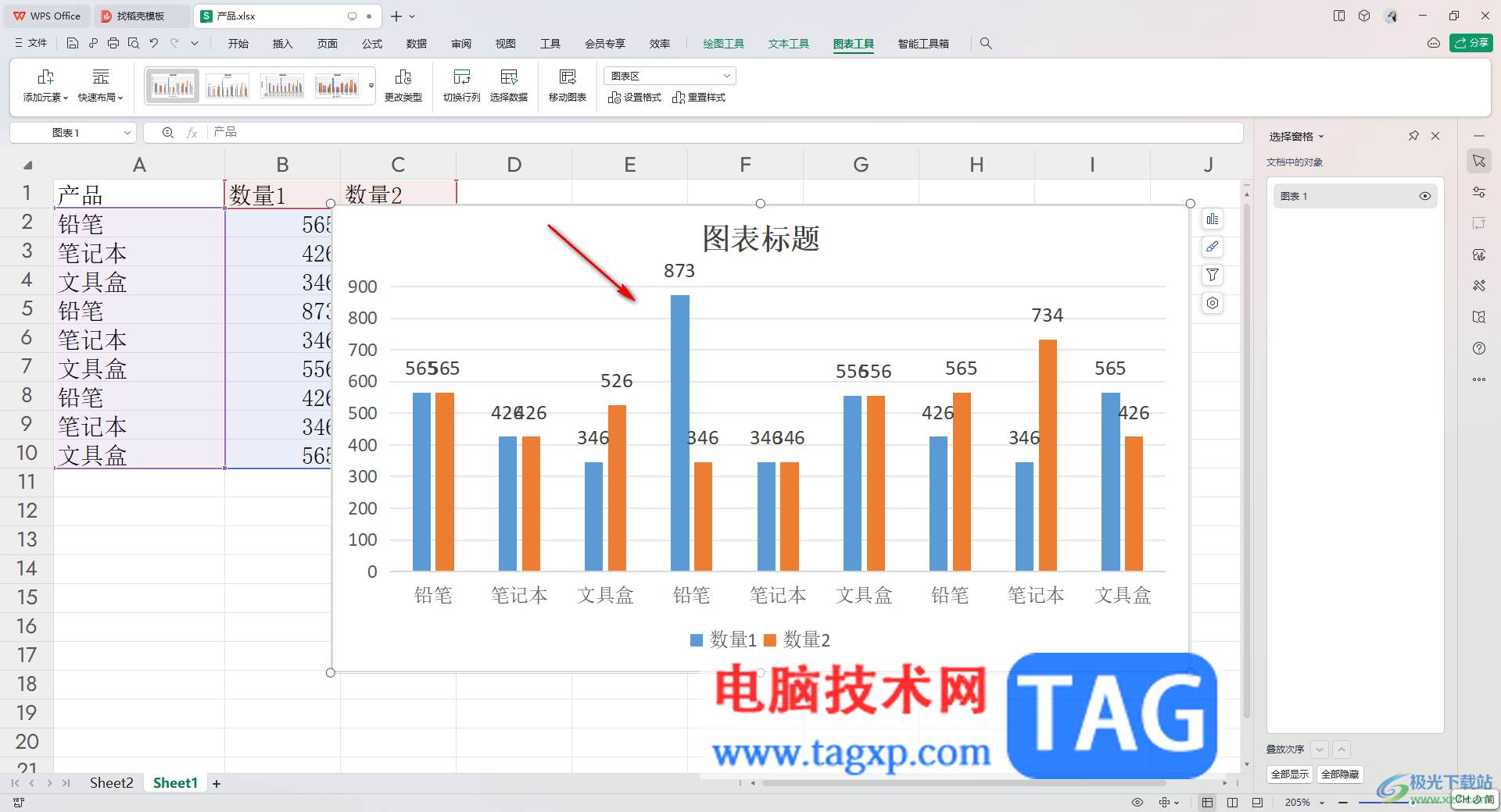 wps excel柱形图显示高低差数值的方法