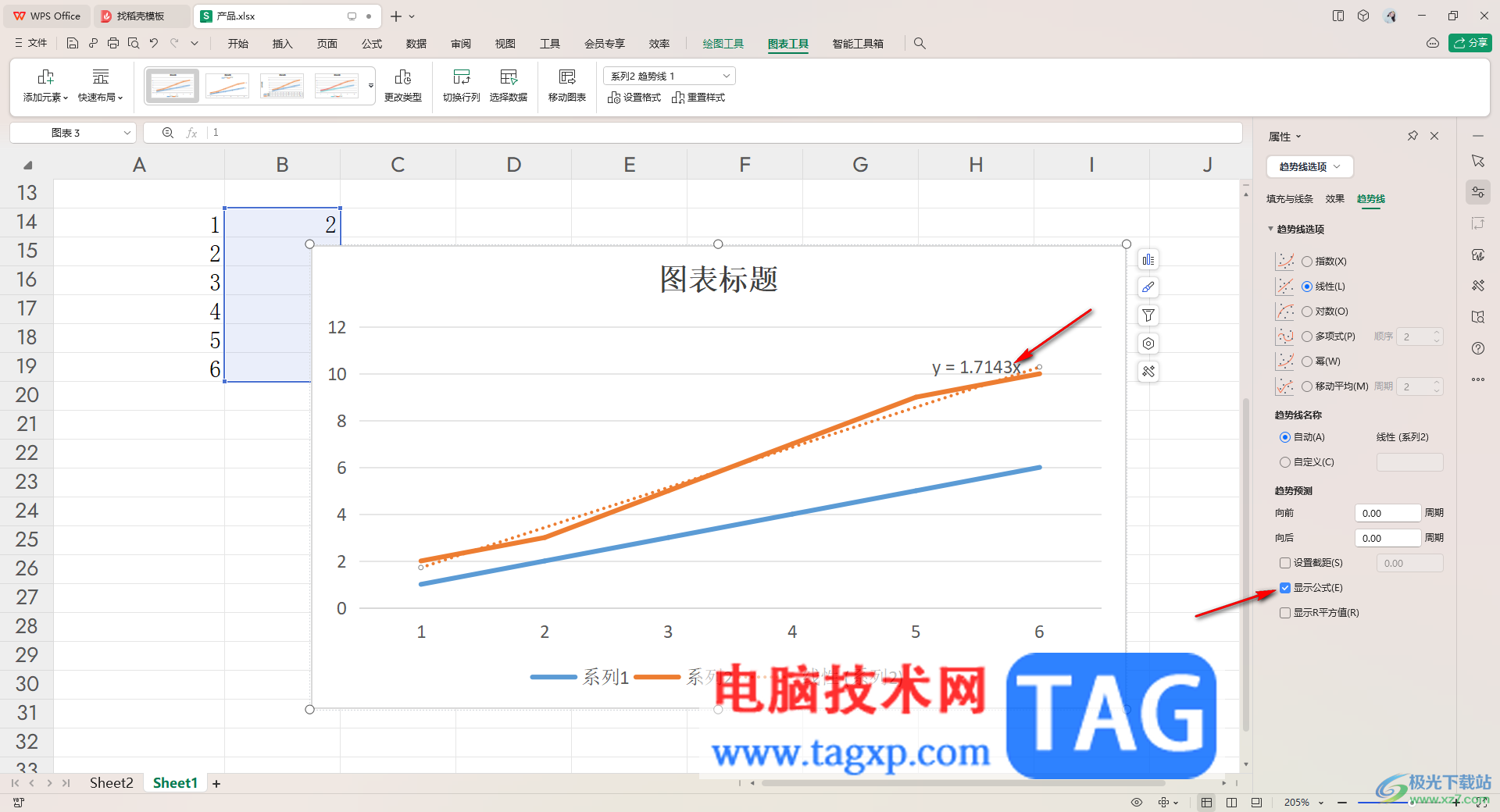 WPS excel折线图显示斜率和截距的方法