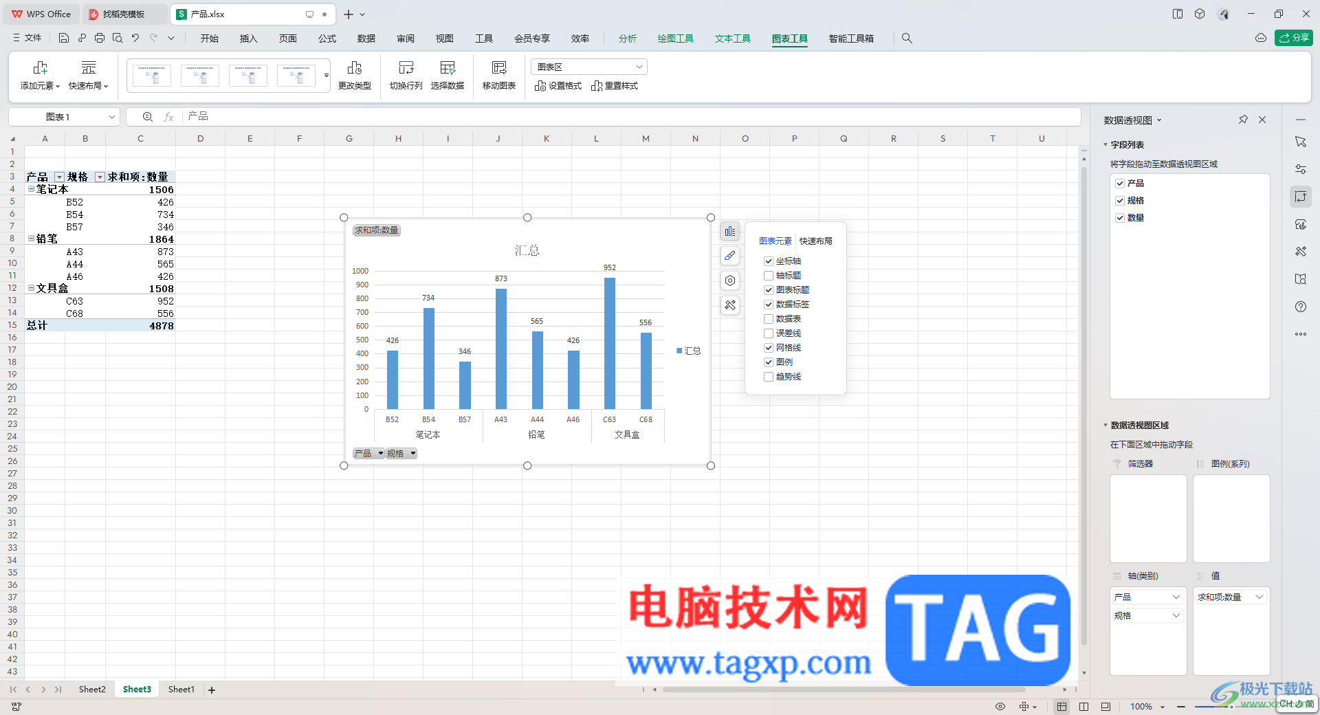 WPS Excel透视图添加数据标签的方法