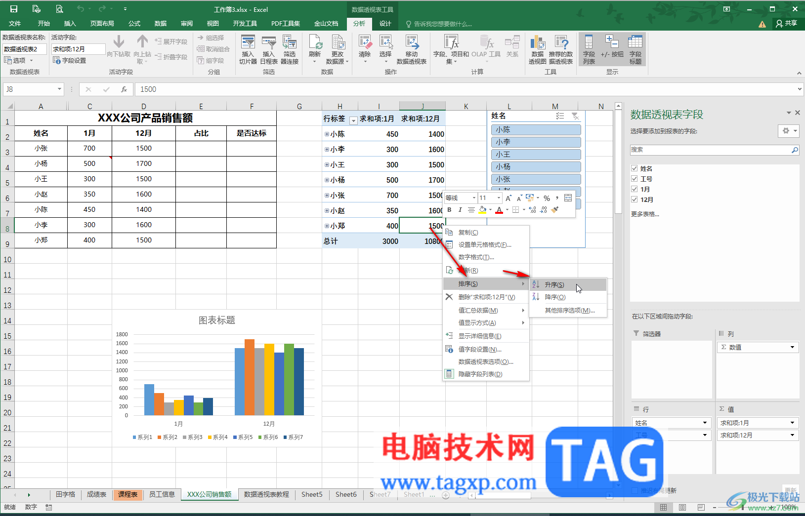 Excel插入数据透视表后对数据排序的方法教程